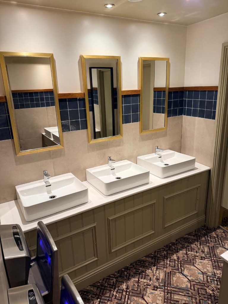 Completed — washroom sinks and tiled finishes