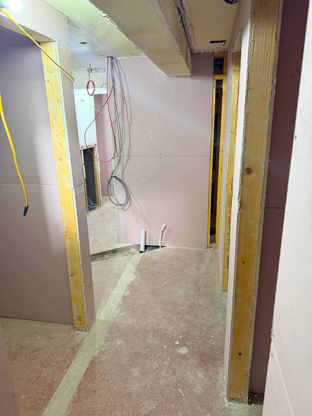 Update 17 July — boarded walls with first-fix wiring and plumbing