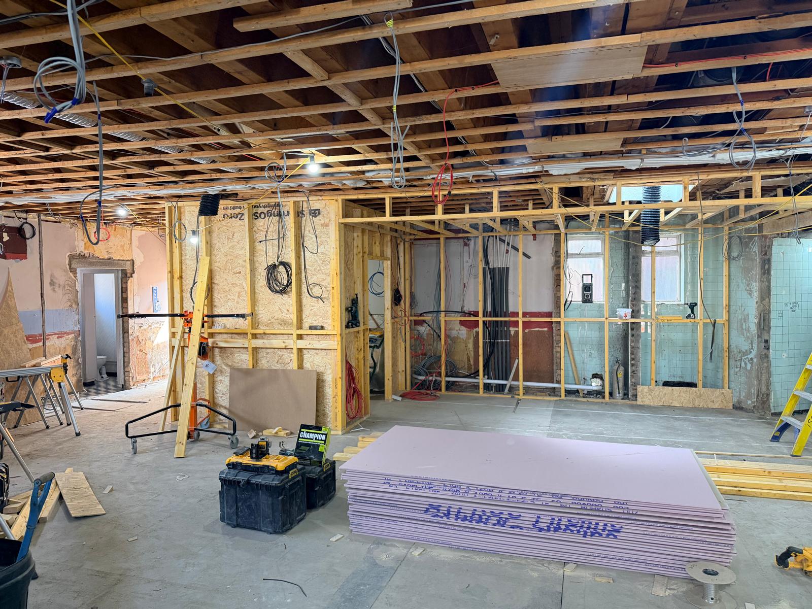 Update 17 July — open ceiling, partitions and plasterboard delivery