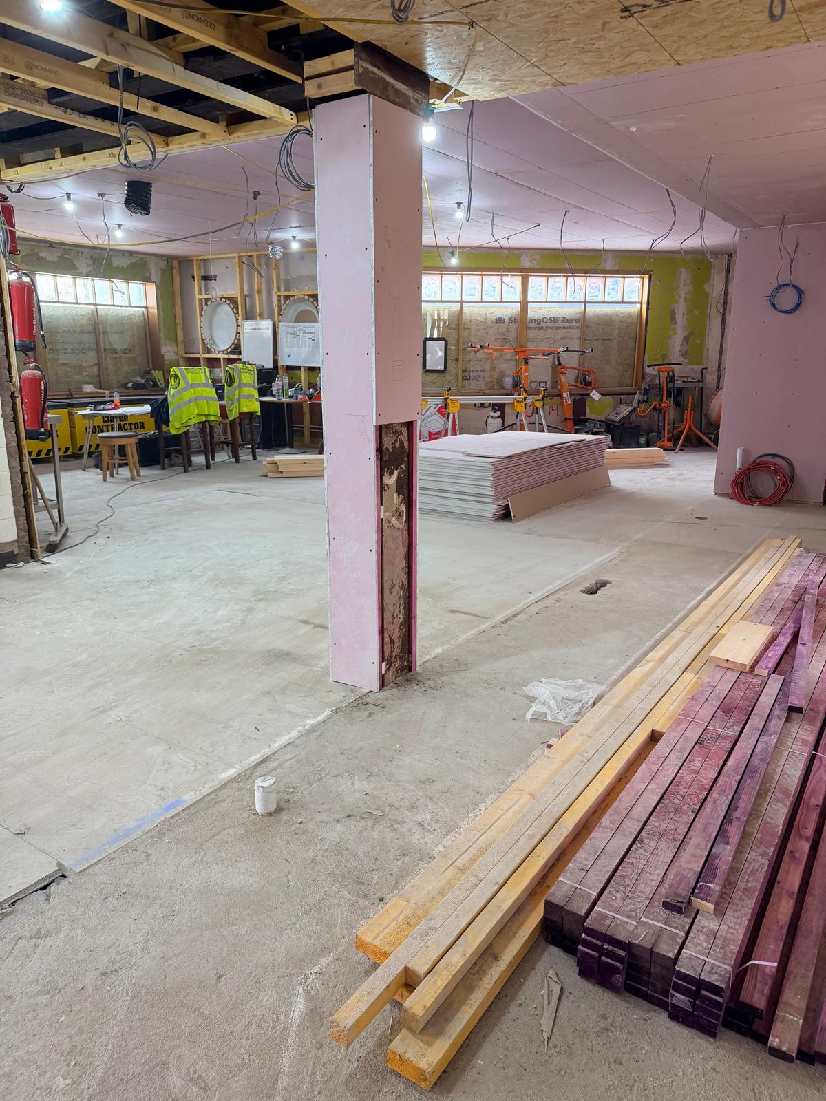 Update 24 July — boarded interior with timber and plasterboard stocks